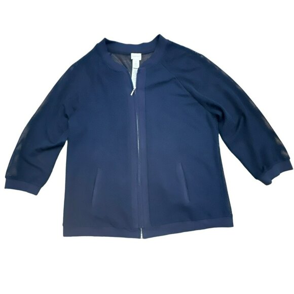 Chico's Navy Blue Mesh Jacket Size 1 Medium Long Sleeve Womens Zip Up Semi Sheer - Picture 1 of 4